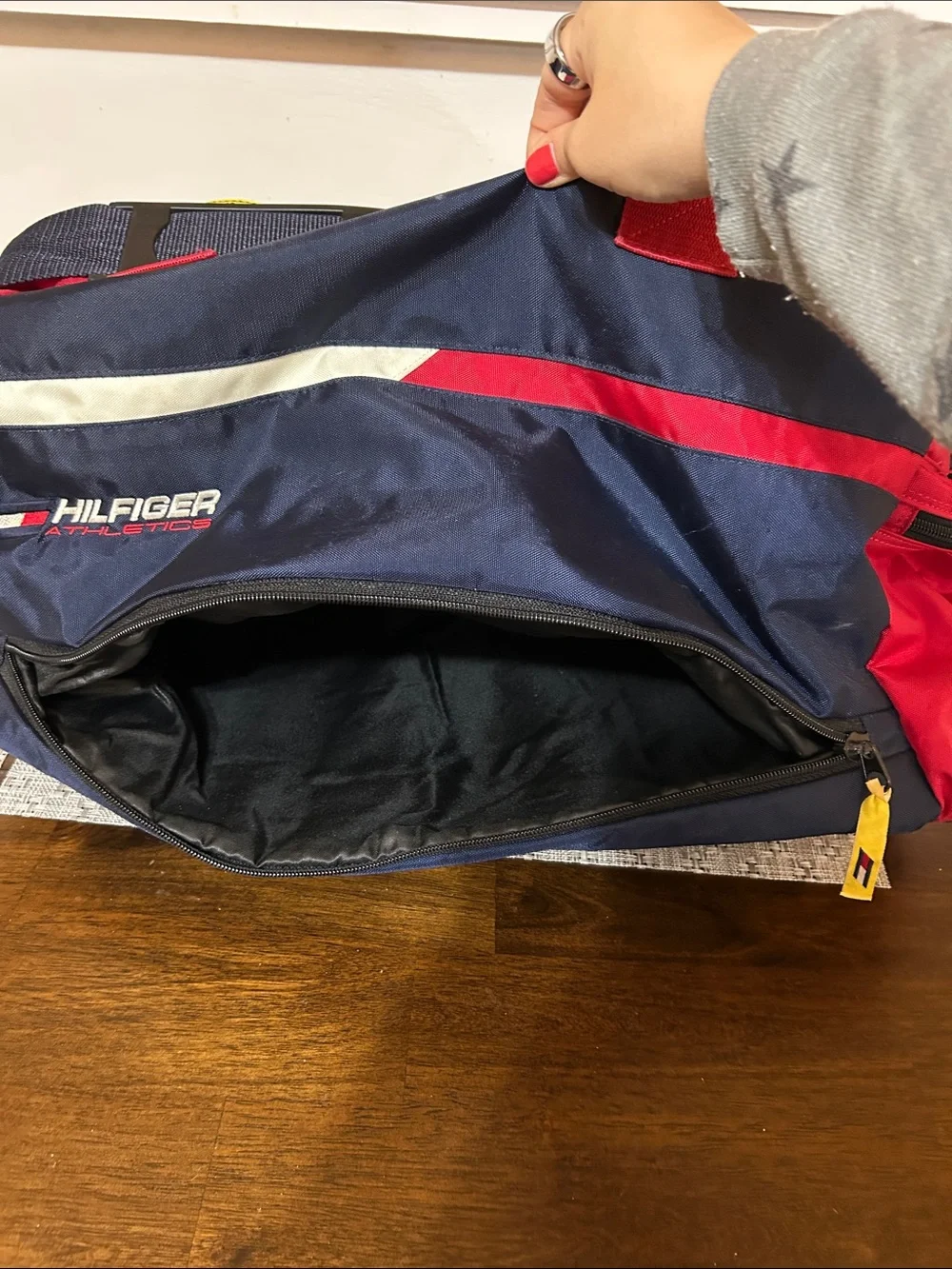 Red Athletic Duffle Bag with Navy and Yellow Accents Tommy Hilfiger